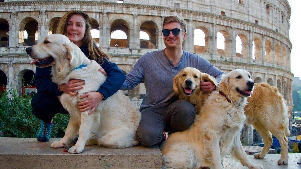 Suzy, Aaron and dogs on holiday