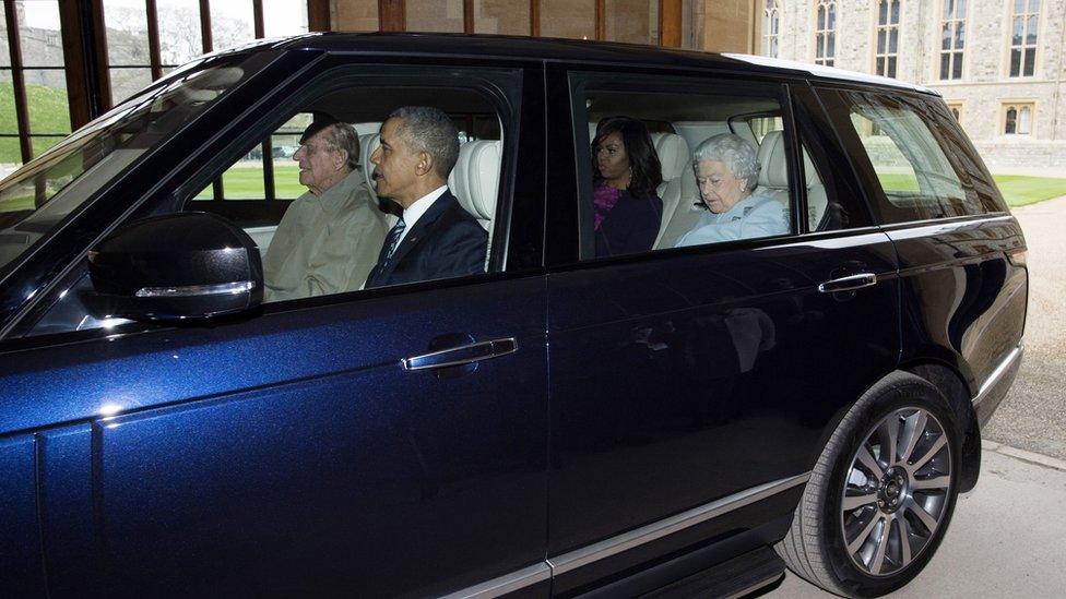 Prince Philip, Queen Elizabeth, and the Obama's in the car