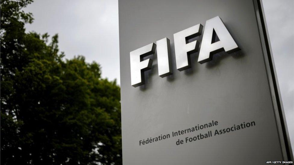 This picture taken on May 30, 2015 shows a sign at FIFA headquarters in Zurich