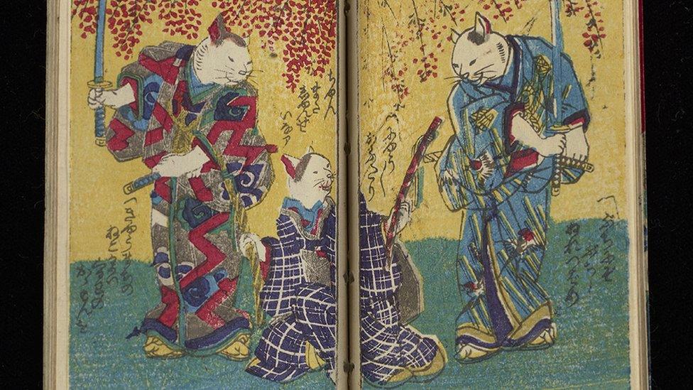 This book whose title Neko no shibai means cat theatre features colourful illustrations of cats in costume including cats dressed as Edo-period samurai