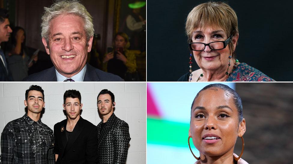 Clockwise: John Bercow, Dame Jenni Murray, Alicia Keys, Jonas Brothers