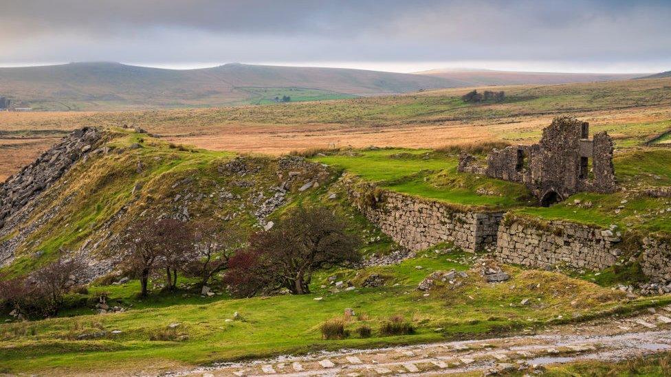 Ruins of Foggintor Quarry works in Dartmoor National Park