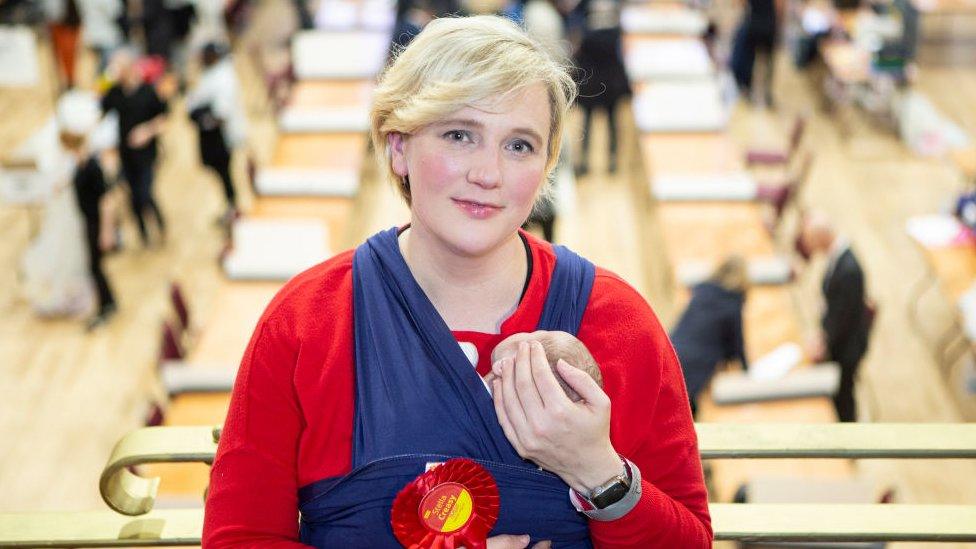 Stella Creasy with her child at an election count in December 2019