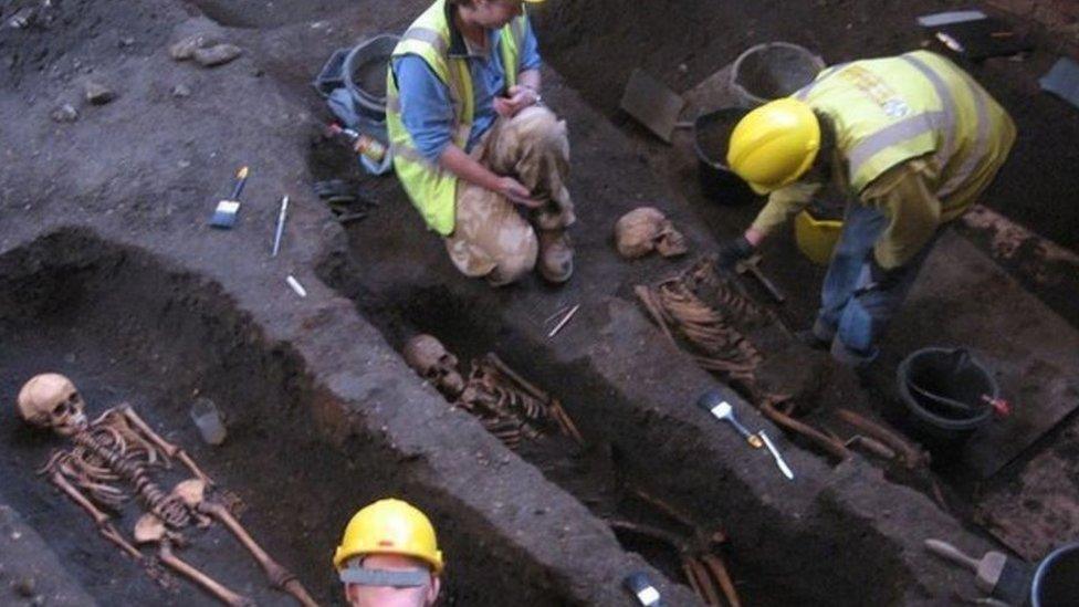 Skeletons during dig at St John's College, Cambridge