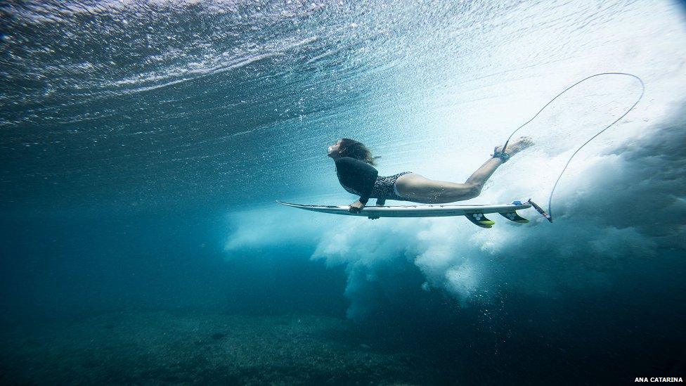 Maya Gabeira photographed underwater during a surfing session