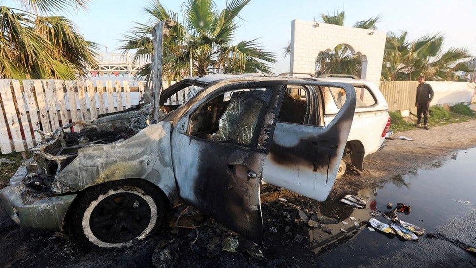 A burned out vehicle in Gaza