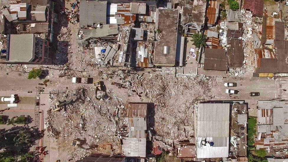 Aerial view of Pedernales, one of Ecuador"s worst-hit towns, taken on April 19, 2016