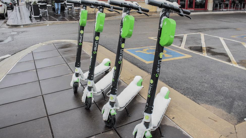 Lime scooters on a street