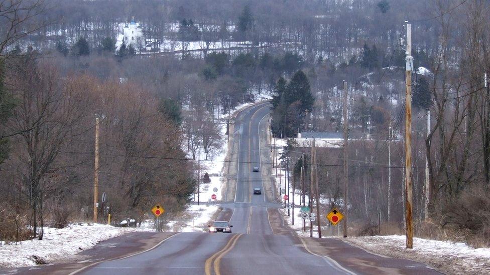 The church (top left, with blue domes) overlooks what was Centralia