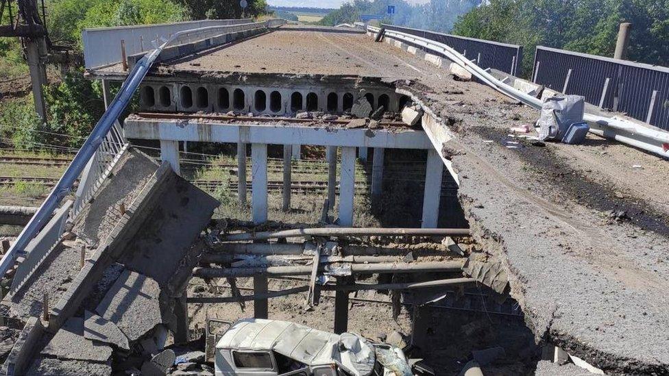 A destroyed bridge near Lysychansk