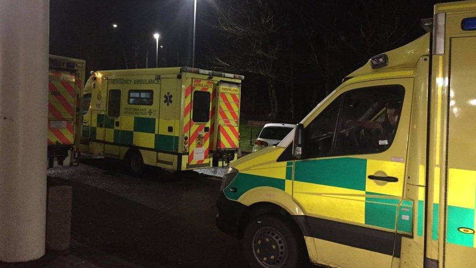 Ambulances queue outside hospital