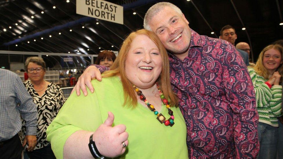 Alliance Party leader Naomi Long (L) delighted with the results at the Titanic Exhibition Centre after voting ended for the 2022 Assembly Election