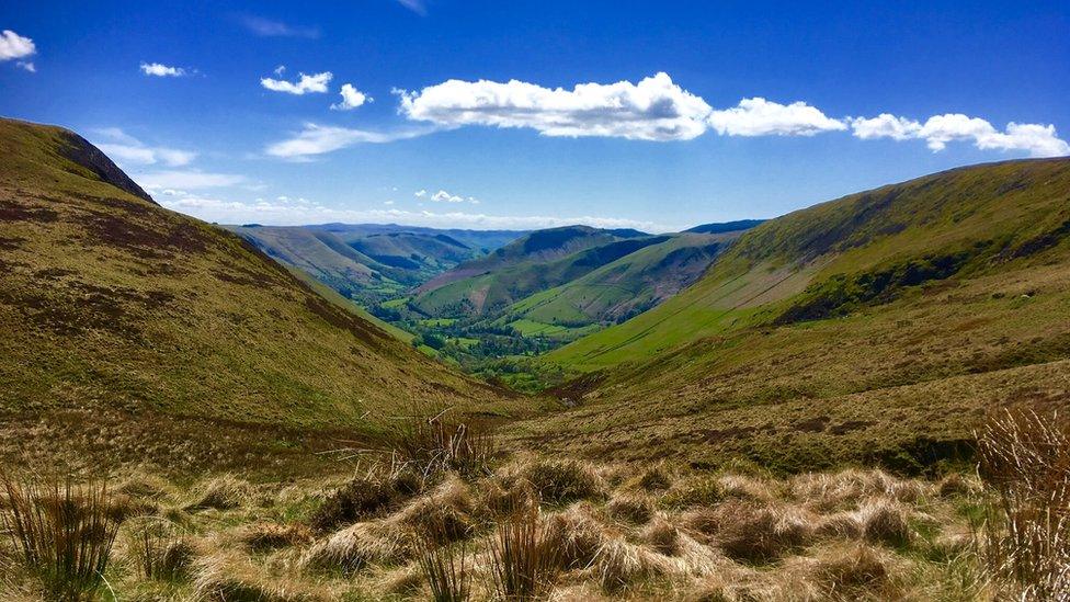 Looking down towards Llanymawddwy in mid Wales from Bwlch Y Groes