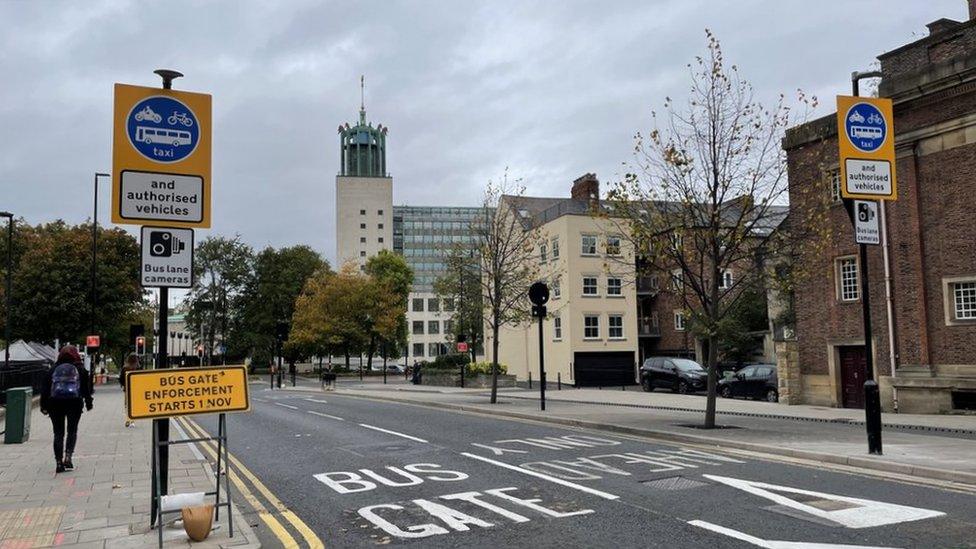 Bus lane camera signs on John Dobson Street in Newcastle