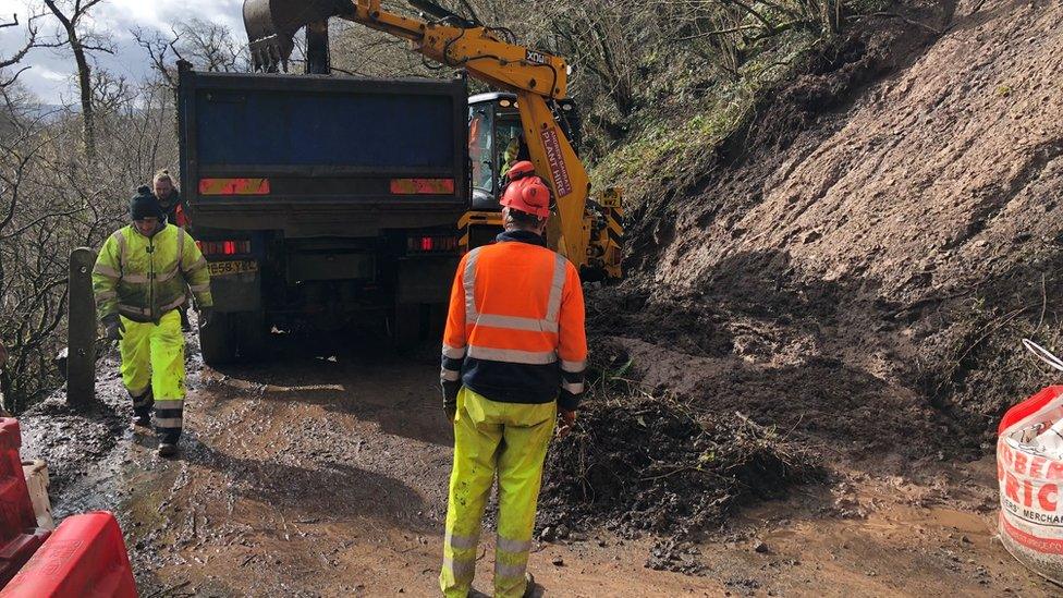 Workmen clear landslide at Pontsticill