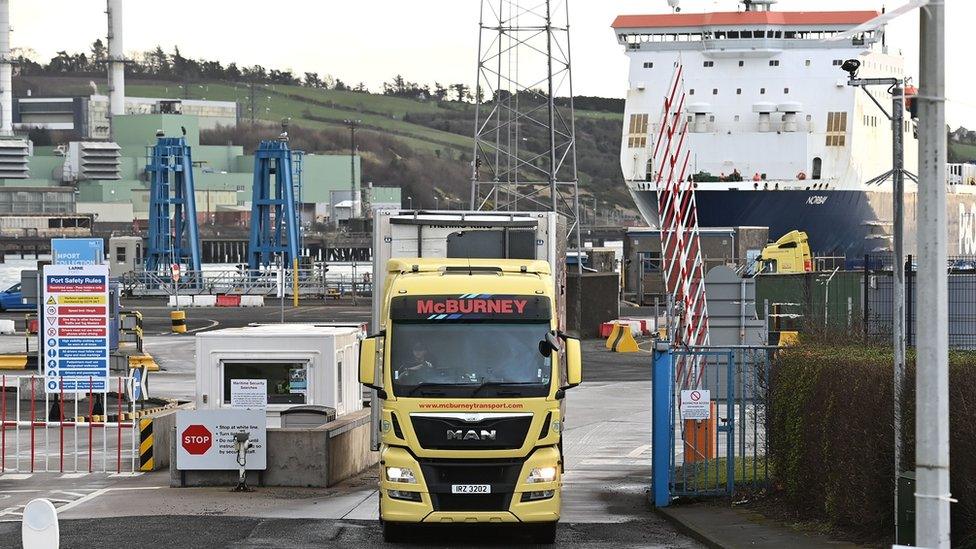 A lorry leaving Larne Port