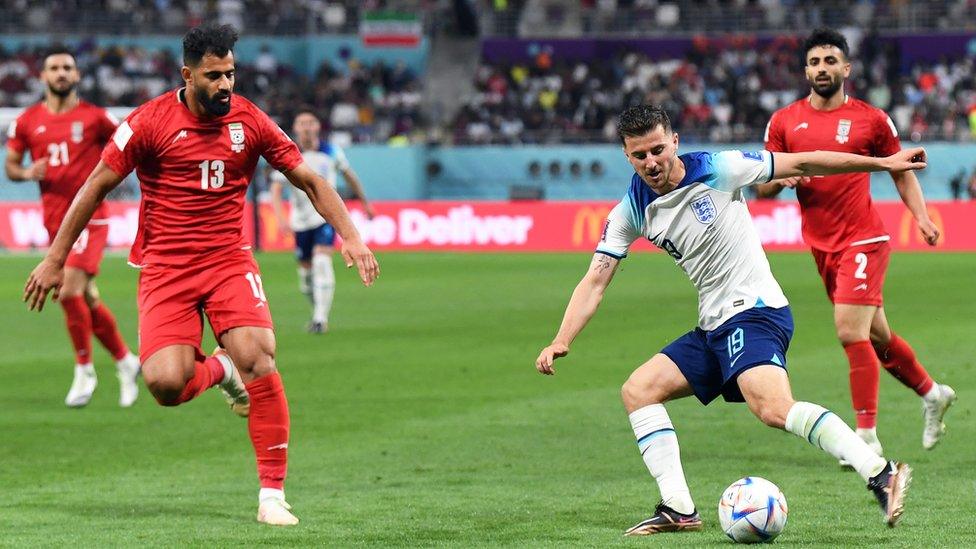 Mason Mount playing in the England vs. Iran match at the World Cup in Qatar on 21 November