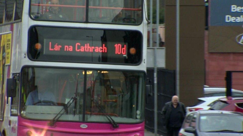 Bus with sign in Irish