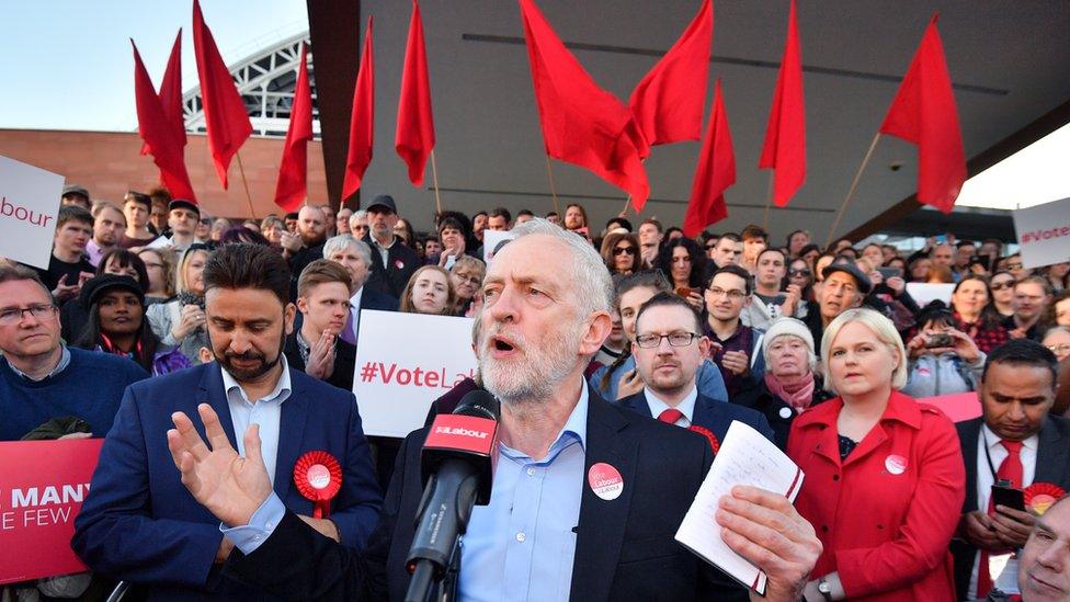 Jeremy Corbyn speaks during a Momentum rally in Manchester in May 2017