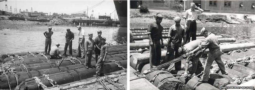 Building of Thor Heyerdhal's raft in Peru, 1947