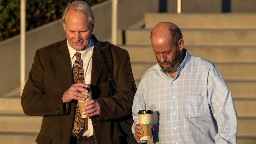 Defendant Jerry Boylan, right, captain of the Conception dive boat, arrives at Federal Court on Friday, Nov. 3, 2023