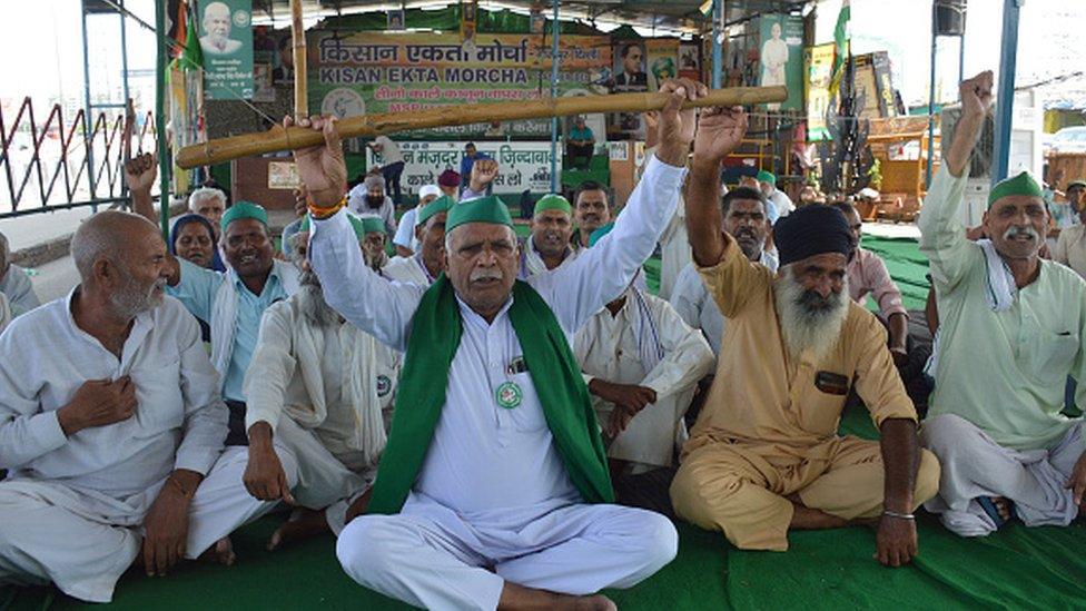 Farmers of Bharatiya Kisan Union protesting against Lakhimpur Kheri incident, at Ghazipur border protest site