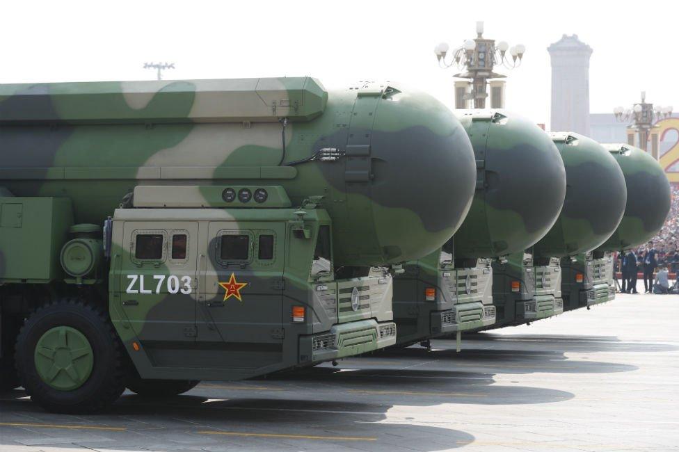 Military vehicles carrying the DF-41 intercontinental ballistic missile roll through Tiananmen Square in Beijing during a military parade marking the 70th anniversary of the founding of the People's Republic of China, on 1 October 2019.