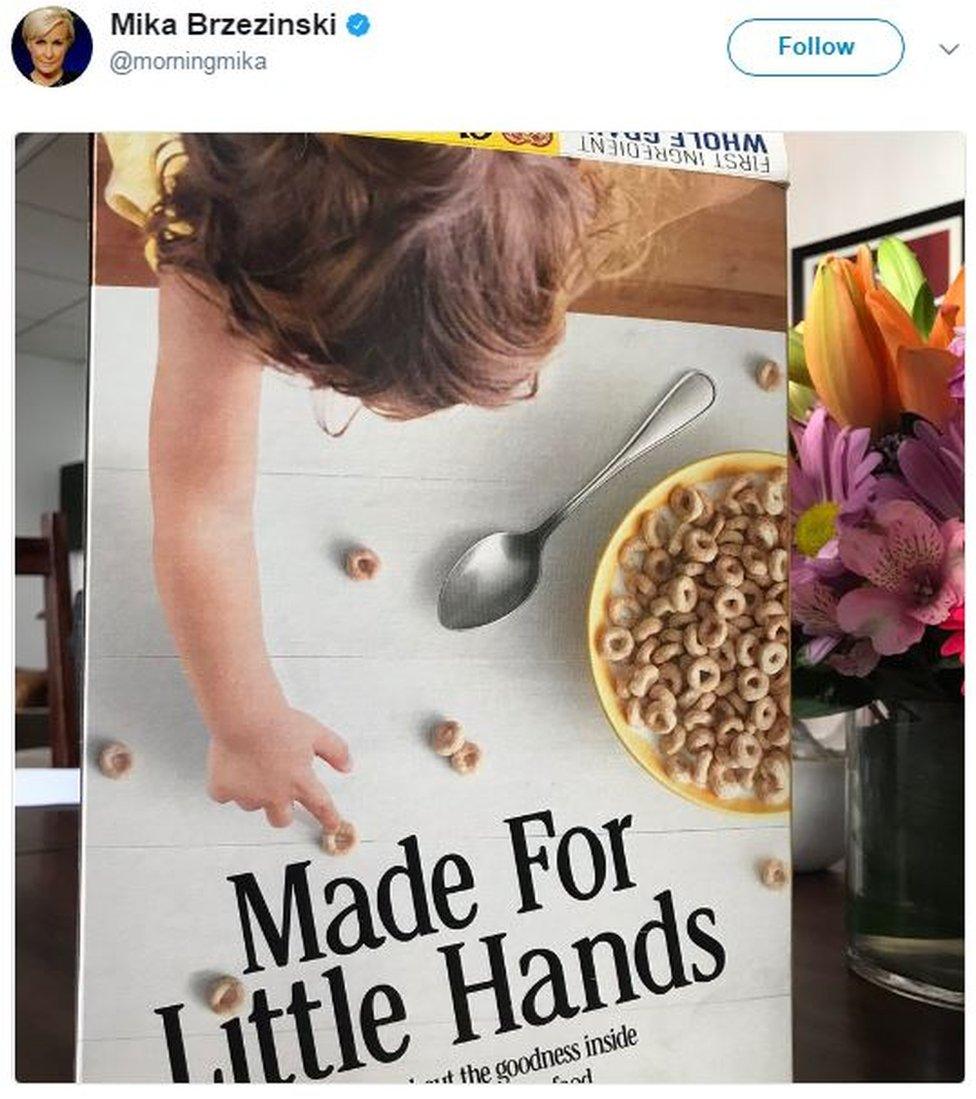 Mika Brzezinski tweets a Cheerios advert showing a small child's hand with the words: "Made For Little Hands".