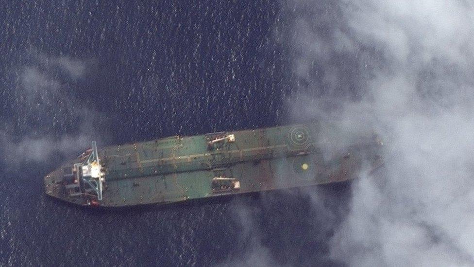 What appears to be the Iranian oil tanker Adrian Darya 1 off the coast of Tartus, Syria, is pictured in this September 6, 2019 satellite image provided by Maxar Technologies