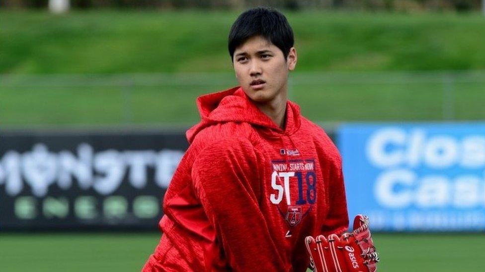 Feb 13, 2018; Tempe, AZ, USA; Los Angeles Angels pitcher Shohei Ohtani plays catch during a workout at Tempe Diablo Stadium. Mandatory Credit: Matt Kartozian-USA TODAY Sports