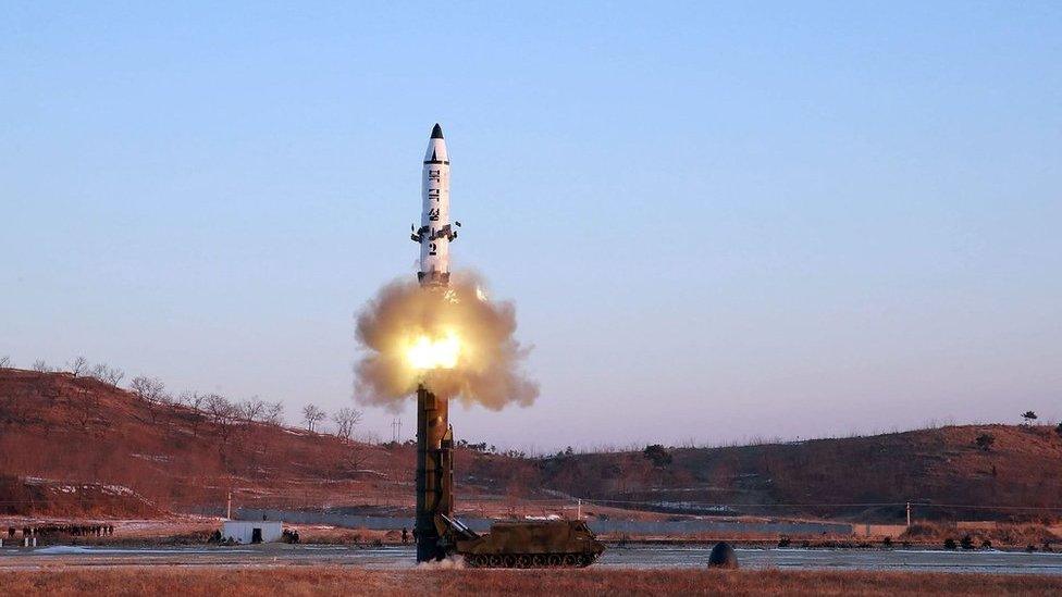 This photo taken on February 12, 2017 and released on February 13 by North Korea"s official Korean Central News Agency (KCNA) shows the launch of a surface-to-surface medium long-range ballistic missile Pukguksong-2 at an undisclosed location