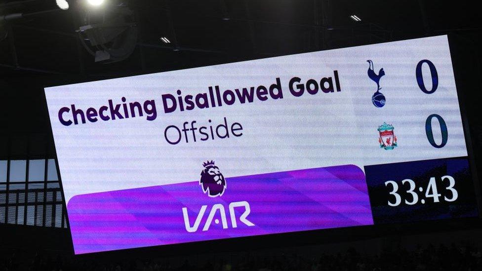 The VAR check taking place during Tottenham's 2-1 win over Liverpool in the Premier League