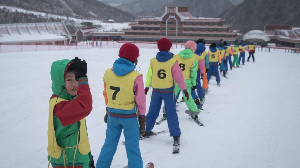 This photo taken on February 19, 2017 shows members of a 'ski camp' at the Masikryong ski resort