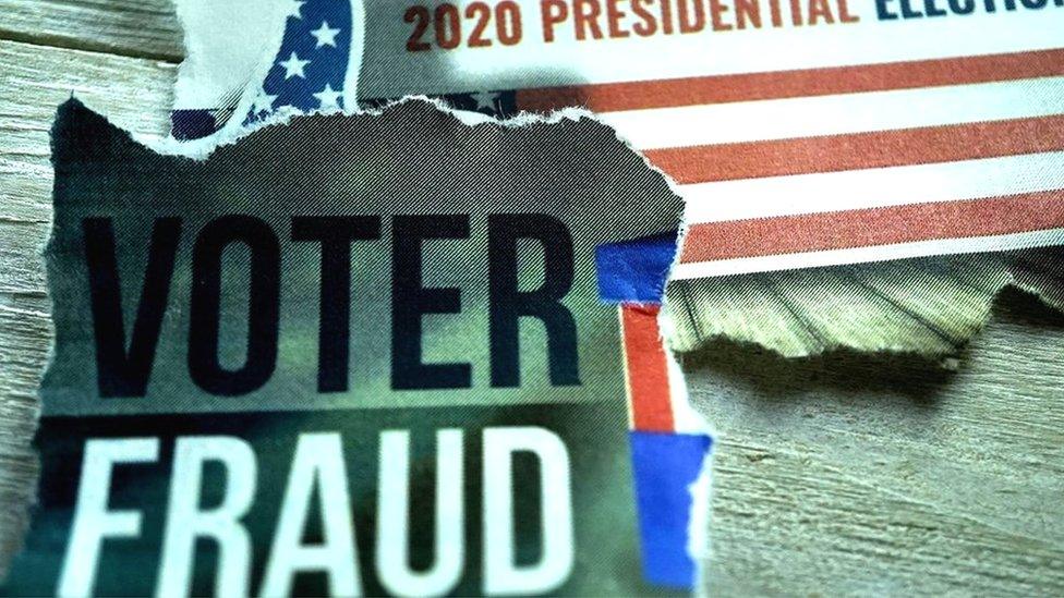 Image showing a newspaper cutting saying "voter fraud" and a US flag with 2020 presidential election written on it