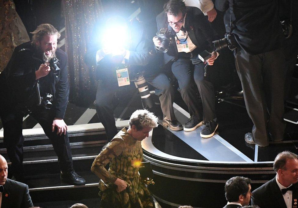 Frances McDormand photographed as she leaves the stage