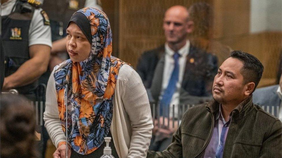 Nor Abd Wahib is seen with her husband Rahimi Bin Ahmad, while giving a victim impact statement during the sentencing of mosque gunman Brenton Tarrant at the High Court in Christchurch, New Zealand, August 26, 2020.