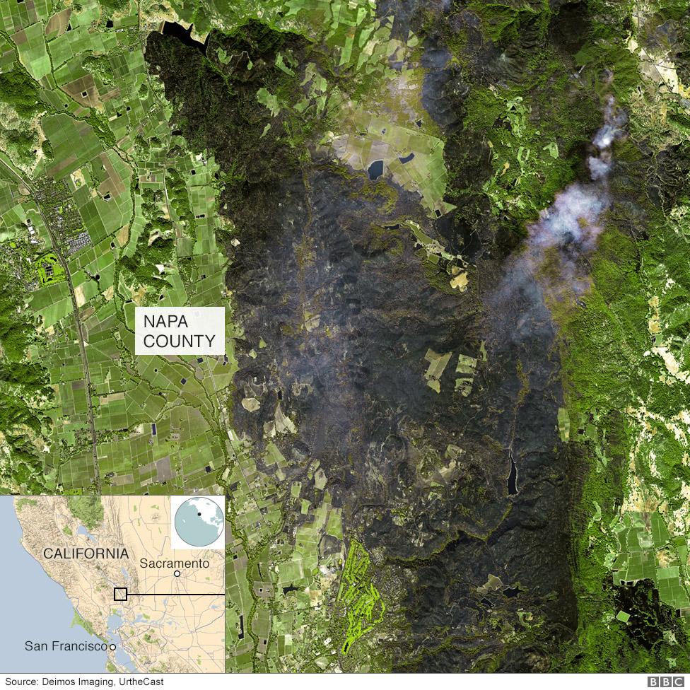 Satellite image shows scorched hills in Napa County