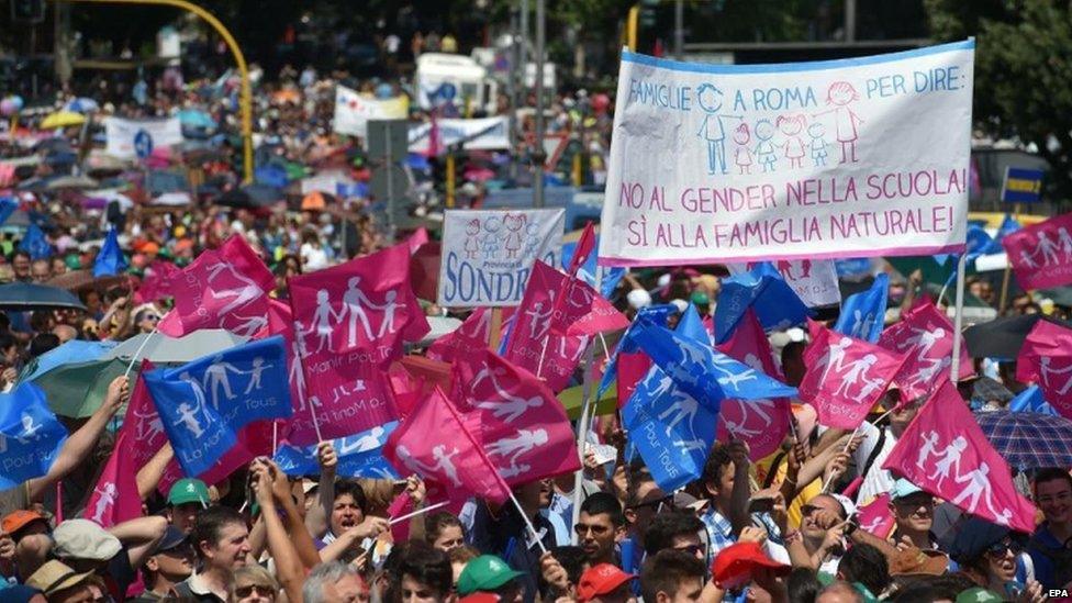 People holding up a banner reading "No to gender in school! Yes to the natural family!" during a rally in Rome, Italy, 20 June 2015