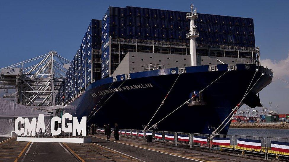 A giant cargo ship at the port of Los Angeles