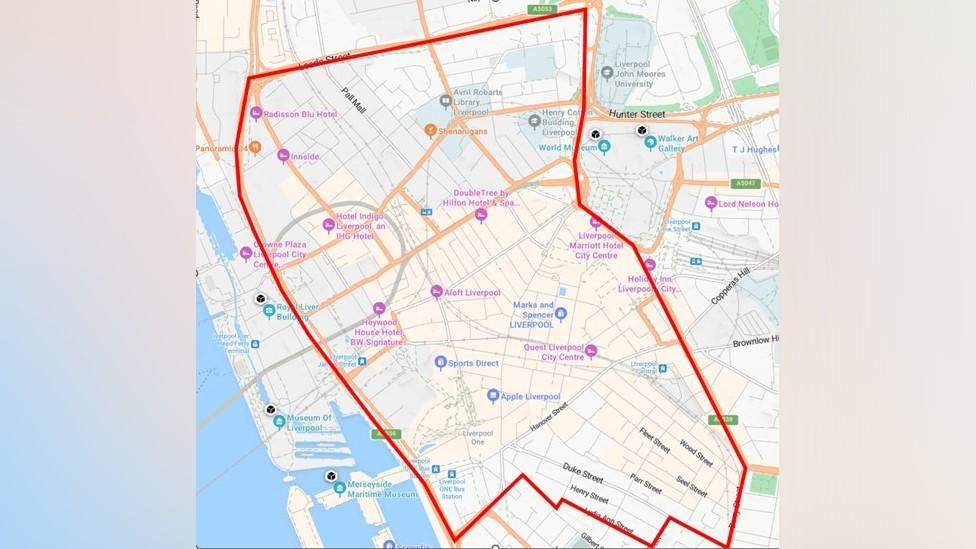 Map of the areas in Liverpool city centre affected by the section 60 order