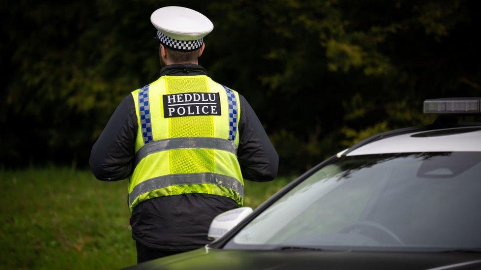 Anonymous police officer with car in bottom right corner