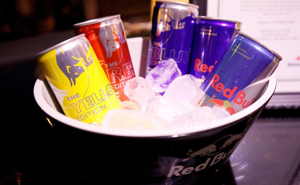 A view of the Red Bull beverage.