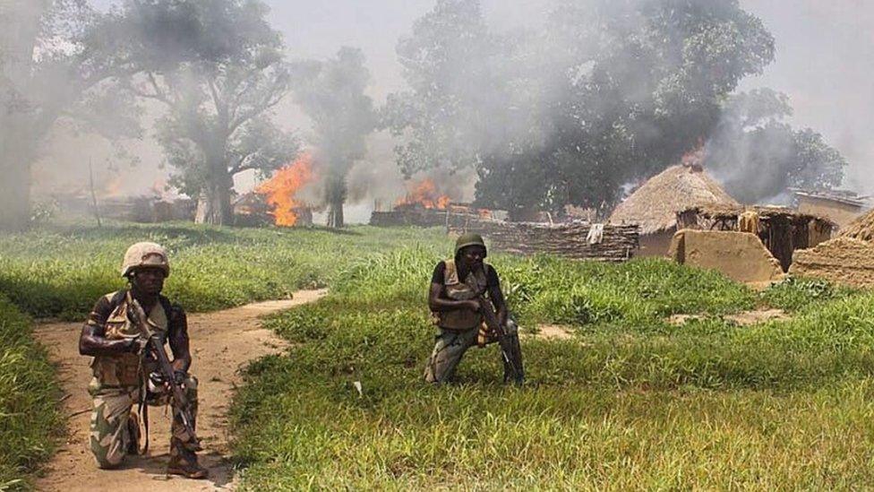 Soldiers from 21 Brigade and Army Engineers clearing Islamic militant group Boko Haram camps at Chuogori and Shantumari in Borno State, Nigeria, 30 July 2015