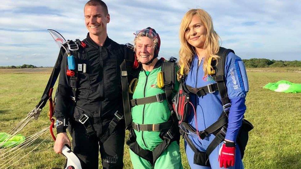 Caroline Cooper after her skydive at Swansea Skydive centre