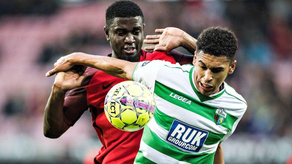 New Saints Ben Cabango in action against Midtjylland