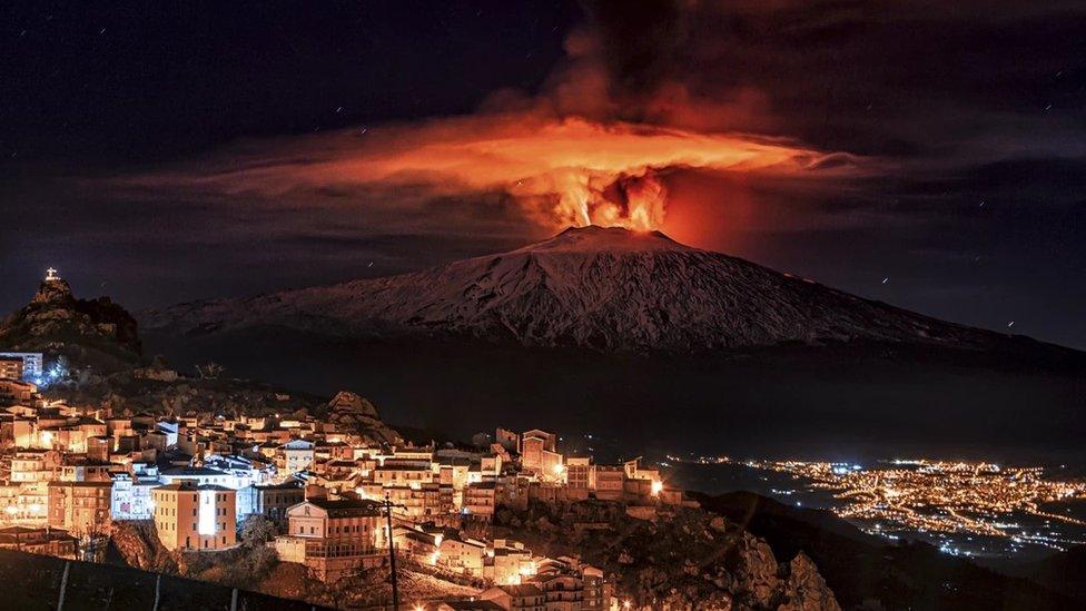 This night eruption of the Etna volcano was taken from San Teodoro