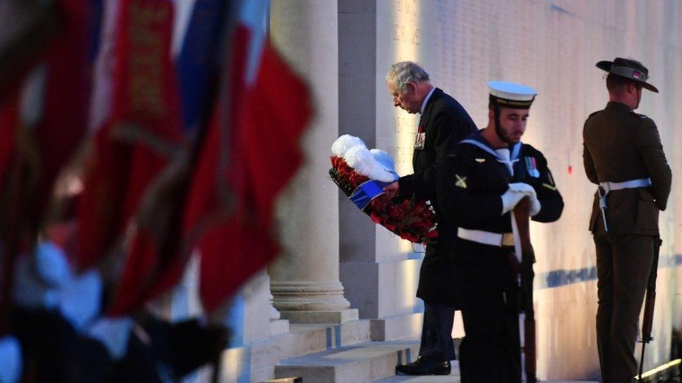 Prince Charles lays a wreath at an Anzac dawn service in Villers-Bretonneux