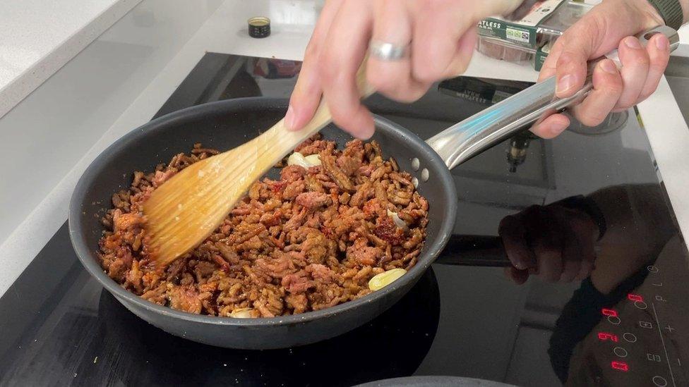 vegan mince being fried