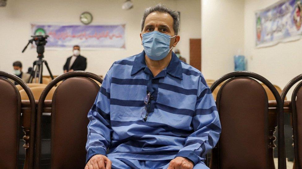 Jamshid Sharmahd attends the first hearing of his trial in Tehran, Iran, on 6 February 2022