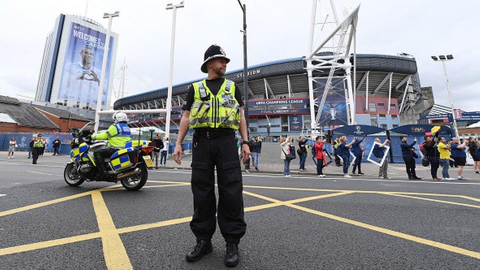 Police near the stadium prior to the UEFA Champions League Final